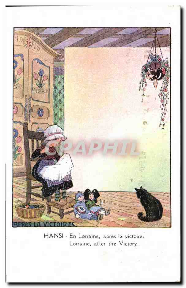 CPA Fantaisie Illustrateur Waltz Hansi En Lorraine apres la victoire Chat Alsace Poupees 
