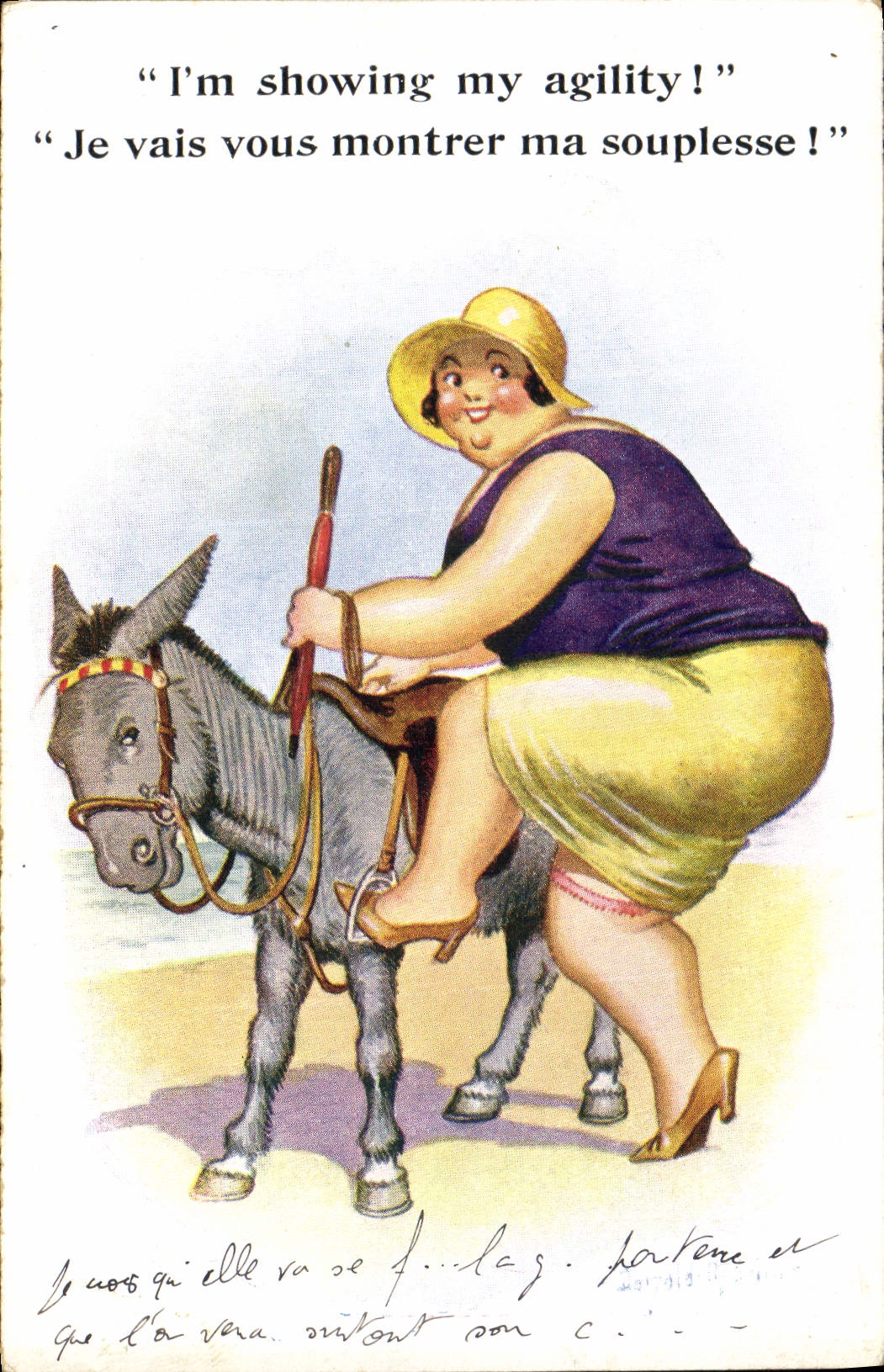 CPA Fantaisie Illustrateur Femme Ane Mule 