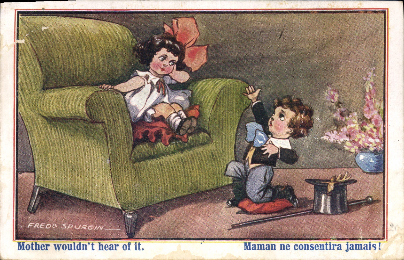 CPA Fantaisie Illustrateur Fred Spurgin Enfants Maman ne consentira jamais 