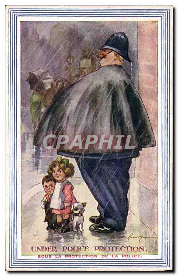CPA Fantaisie Illustrateur Enfants Chien Under police protection Policier 