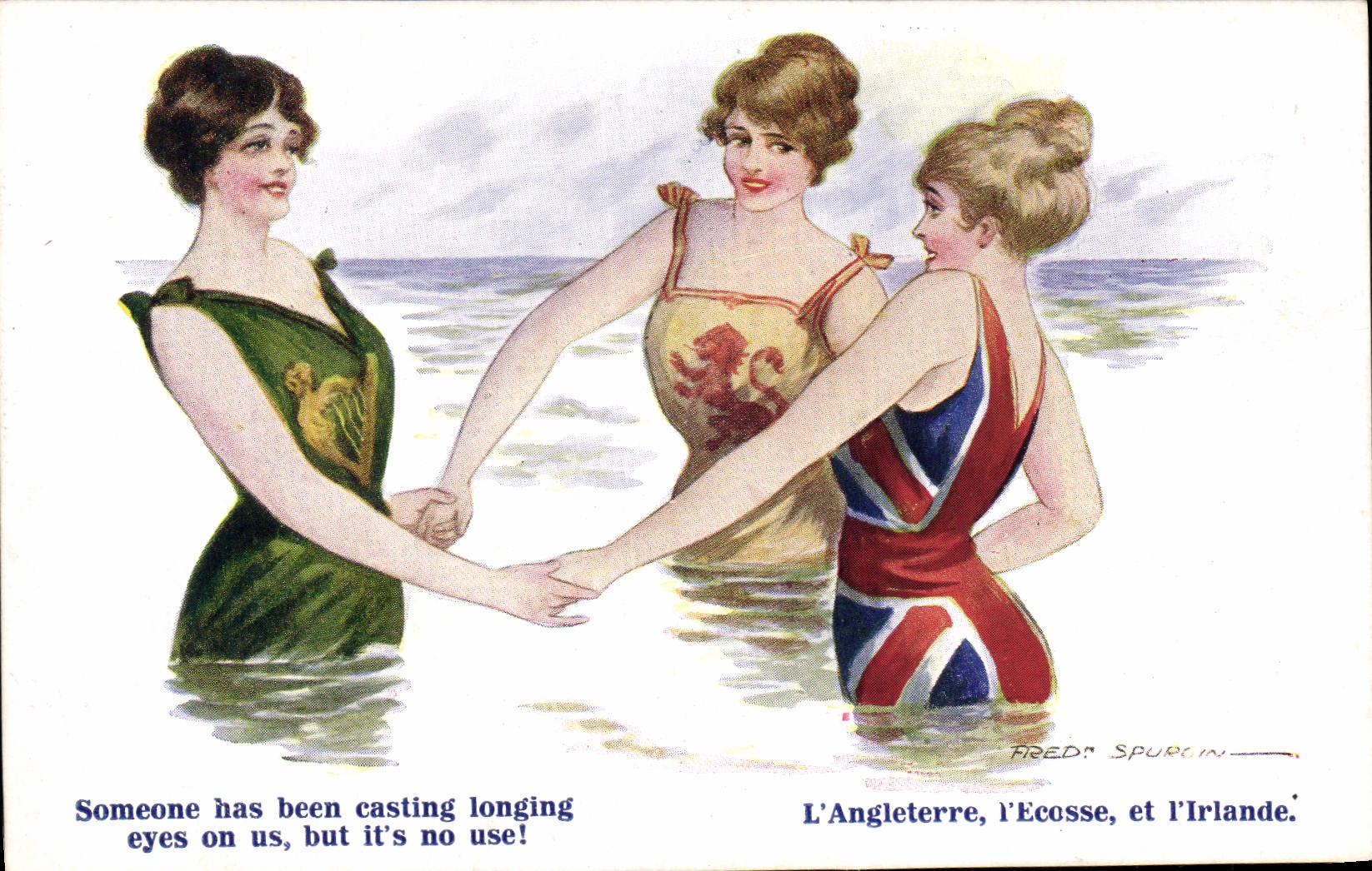 CPA Fantaisie Illustrateur Fred Spurgin Femmes plage Angeterre Ecosse et Irlande 