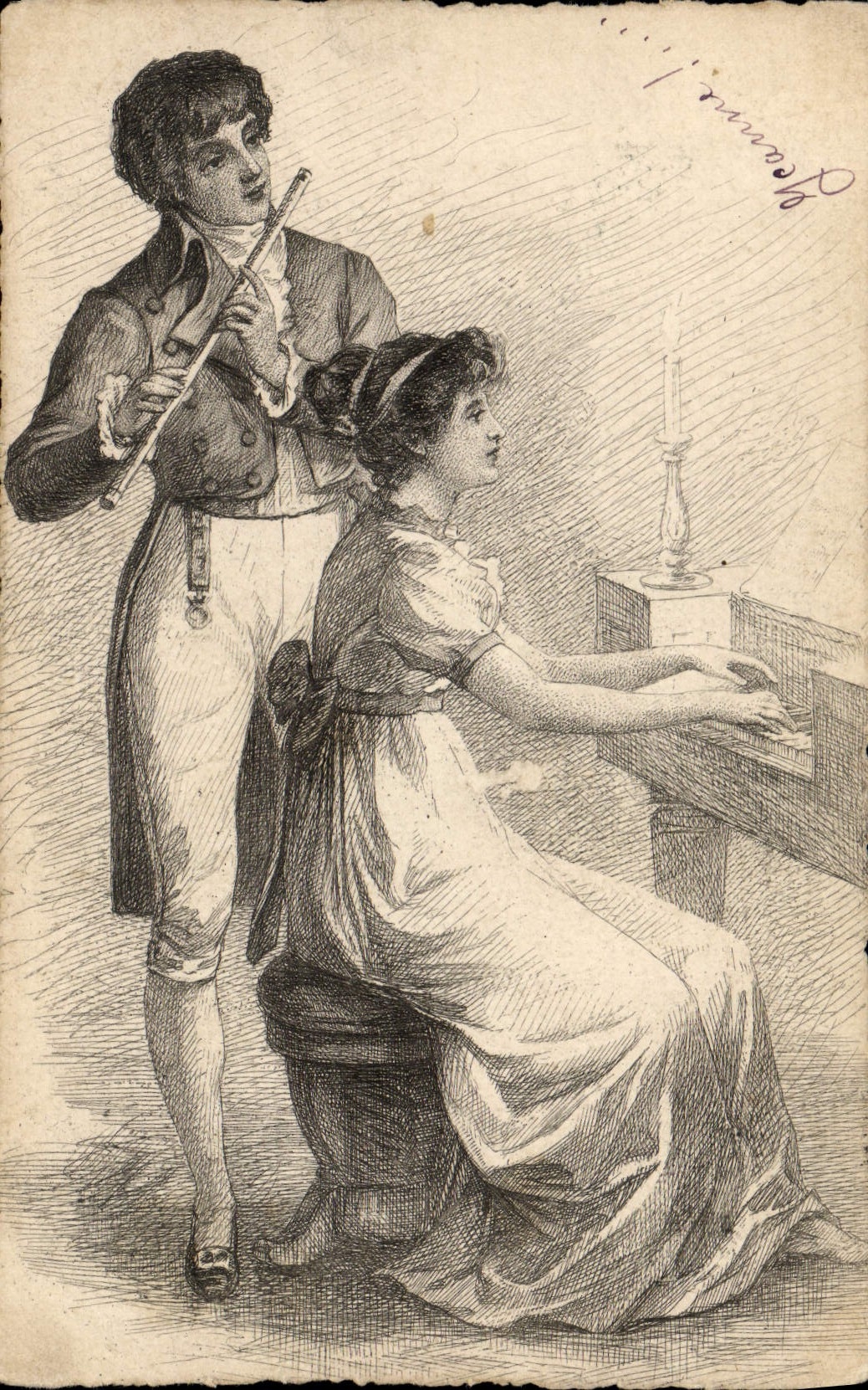 Jeune homme jouant de la flûte — jeune femme au piano — gravure — éditeur non visible