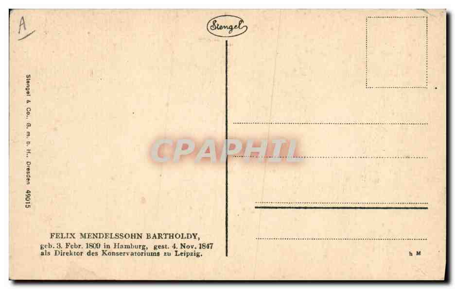 Félix Mendelssohn Bartholdy — portrait gravé — Stengel & Co., Dresde, n° 49015 — Reverso