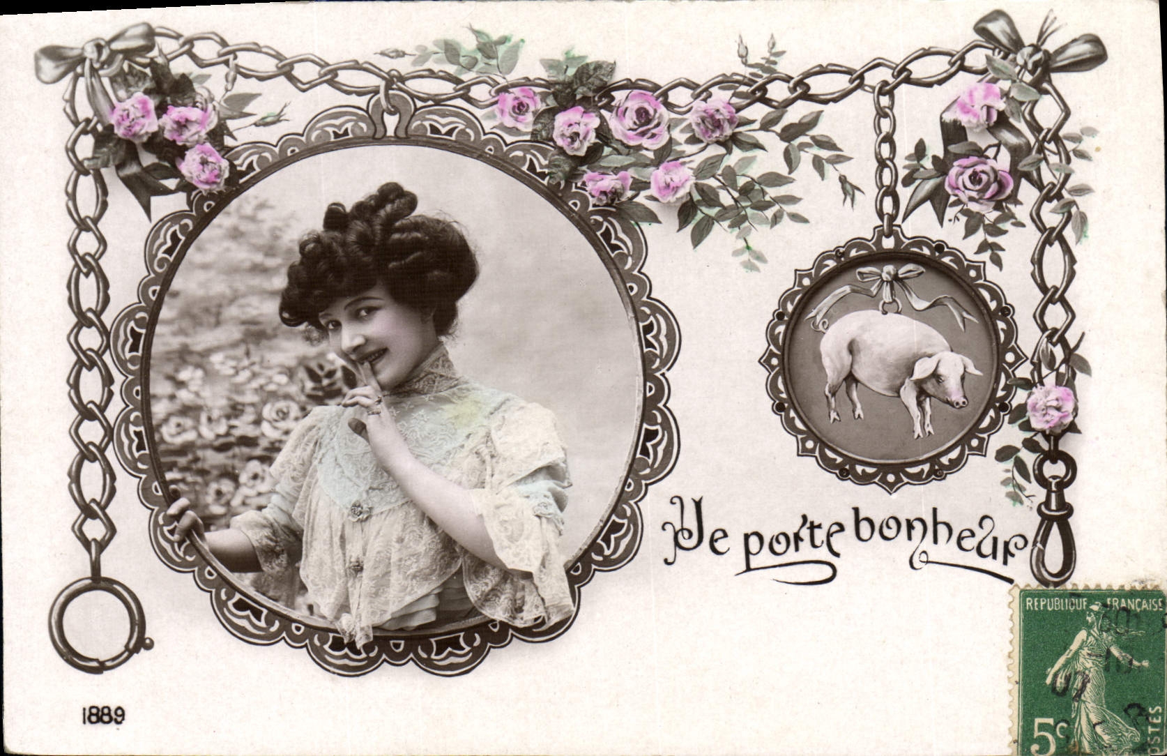 CPA Cochon Porc Femme Porte bonheur 