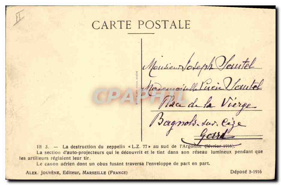Section d'auto-projecteurs — destruction du Zeppelin « L.Z. 77 » — sud de l'Argonne (février 1916) — Alex. Jouvene, éditeur, Marseille (France) — Reverso