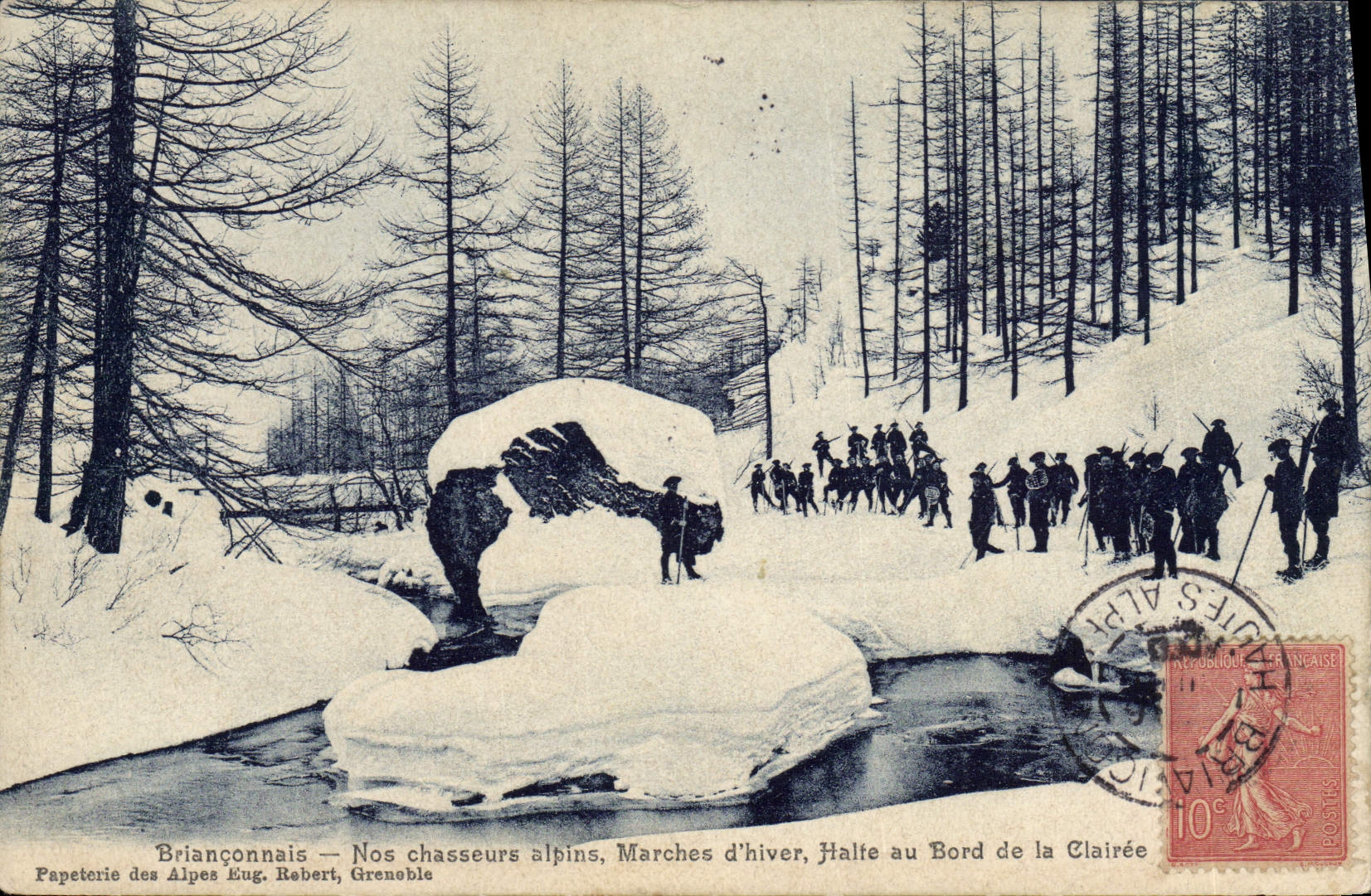 CPA Militaria Chasseurs alpins Brianconnais Nos chasseurs alpins Marches d'hiver Halte au bord de la Clairee 