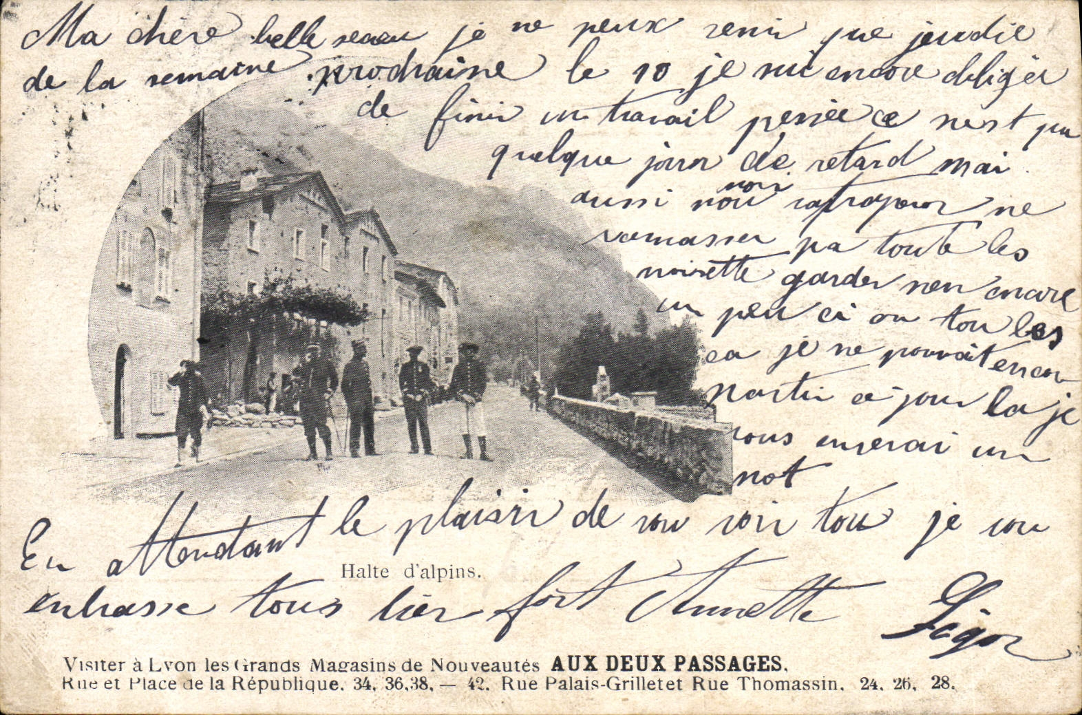 Halte d'Alpins — Vue de rue avec soldats — Éditeur : Halte d'Alpins
