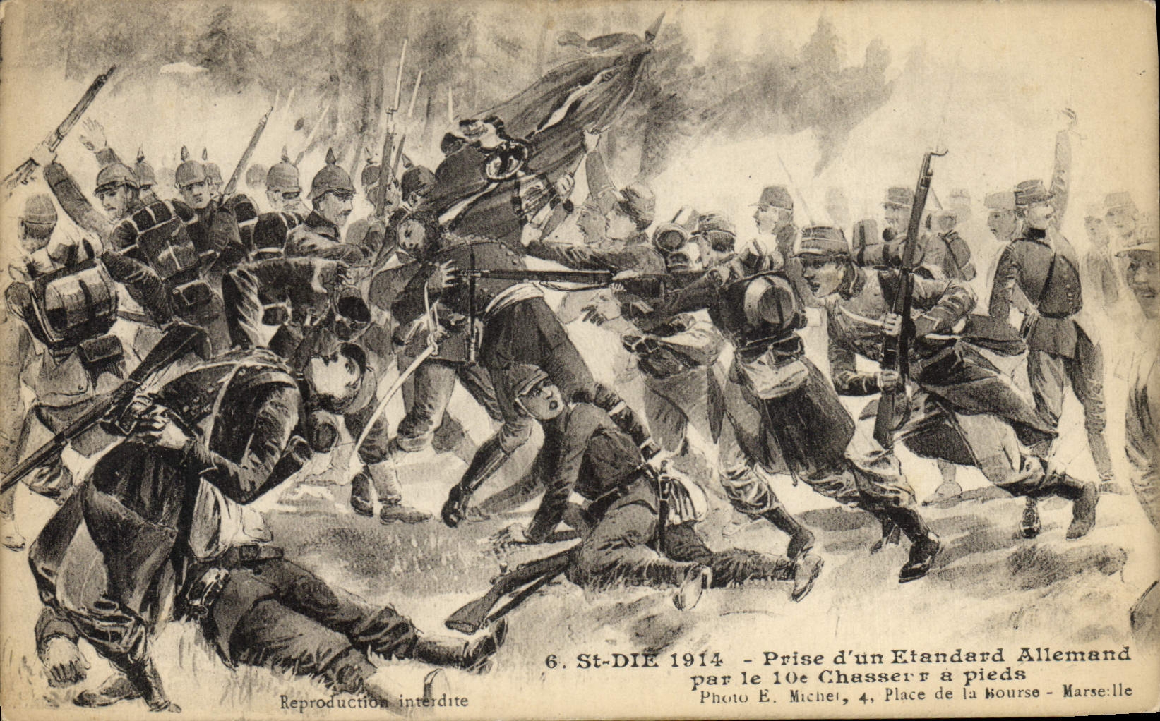 CPA Militaria St Die 1914 Prise d'un etendant allemand par le 10eme chasseurs a pied