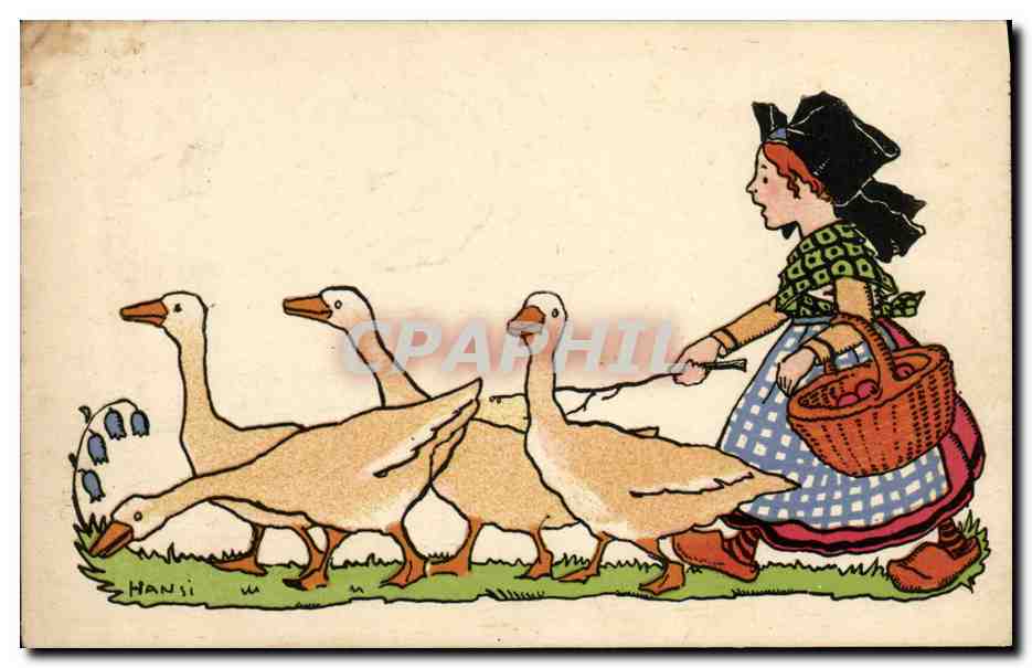 CPA Fantaisie Illustrateur Hansi Alsace Enfant Oies