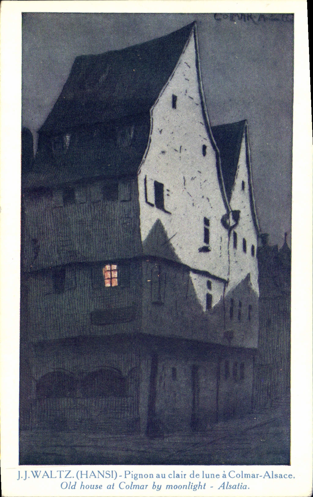 CPA Fantaisie Illustrateur Hansi Alsace Pignon au clair de lune a Colmar