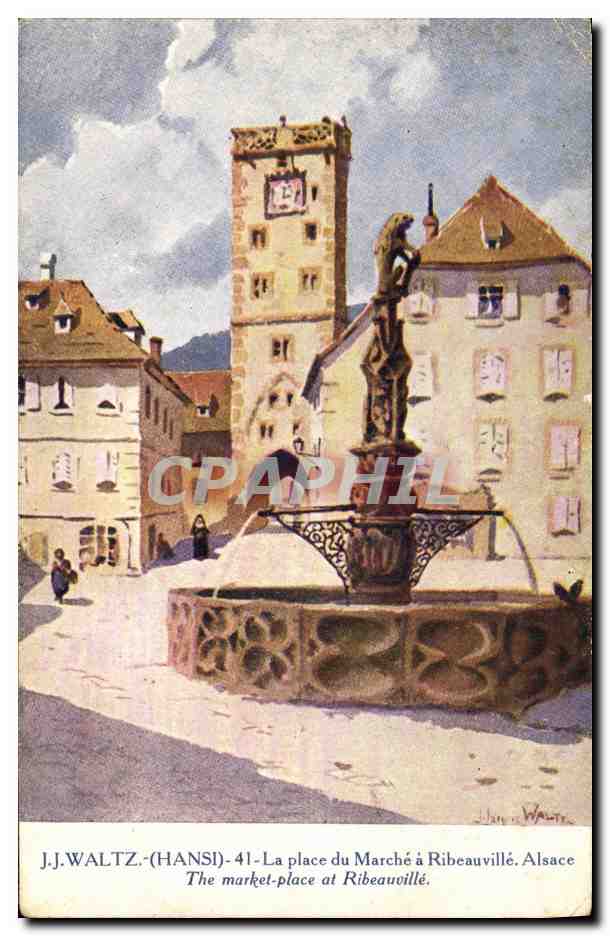 CPA Fantaisie Illustrateur Hansi Alsace La place du marche a Ribeauville
