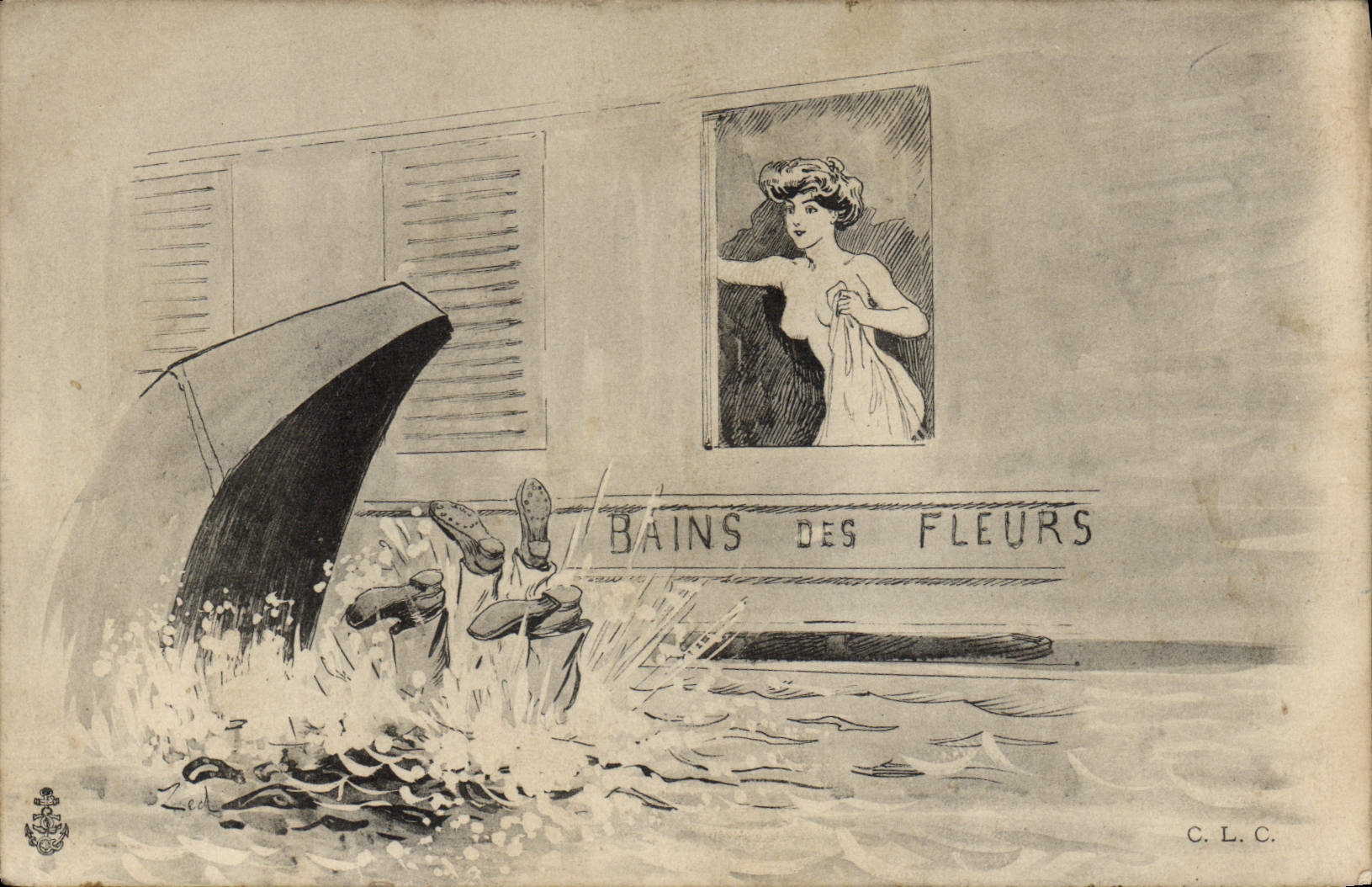 Bains des Fleurs — scène de pluie avec femme au balcon — C.L.C.