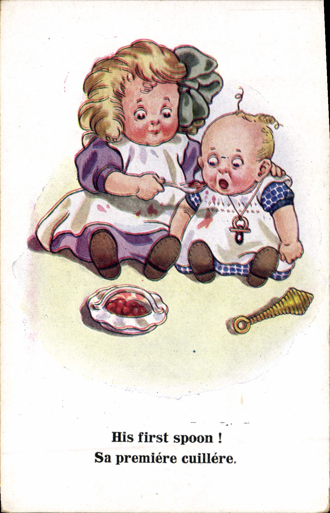 CPA Fantaisie Illustrateur Enfants Her first spoon !