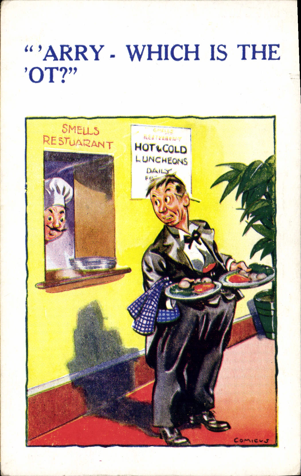 Smells Restaurant — Humorvoller Cartoon eines Kellners mit Tellern — Comicus