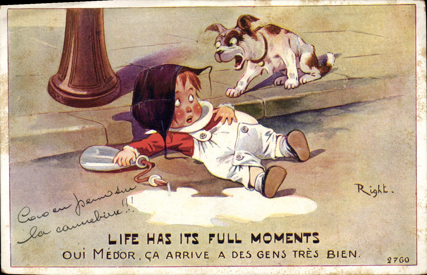 Kind gefallen in Milch — erschrockener Hund — Right, n° 2760