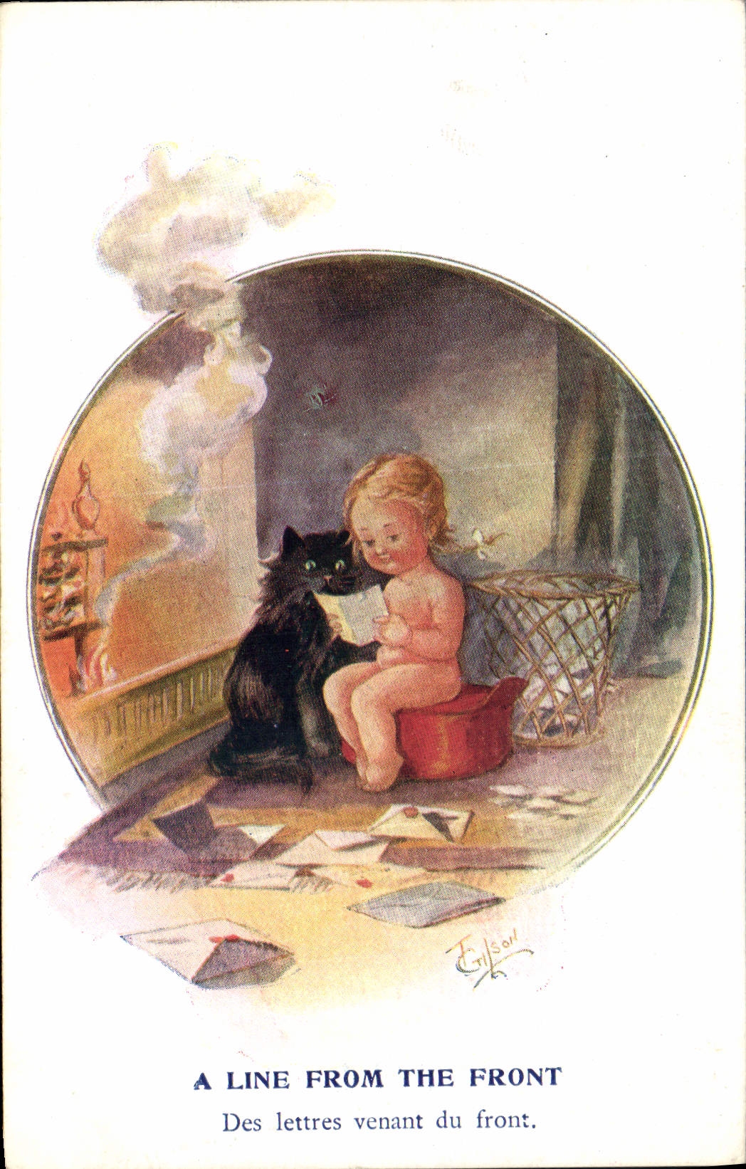 CPA Fantaisie Illustrateur Enfant Chat Chaton A line from the front Militaria