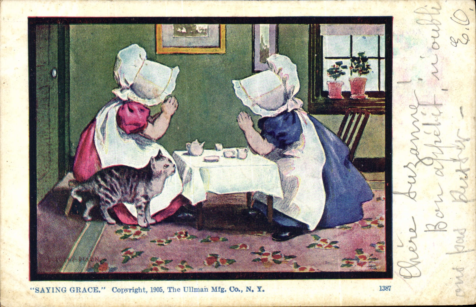 Zwei Frauen in Schürze und weißem Hut betend am Tisch — 'SAYING GRACE' — The Ullman Mfg. Co., N.Y., n° 1397