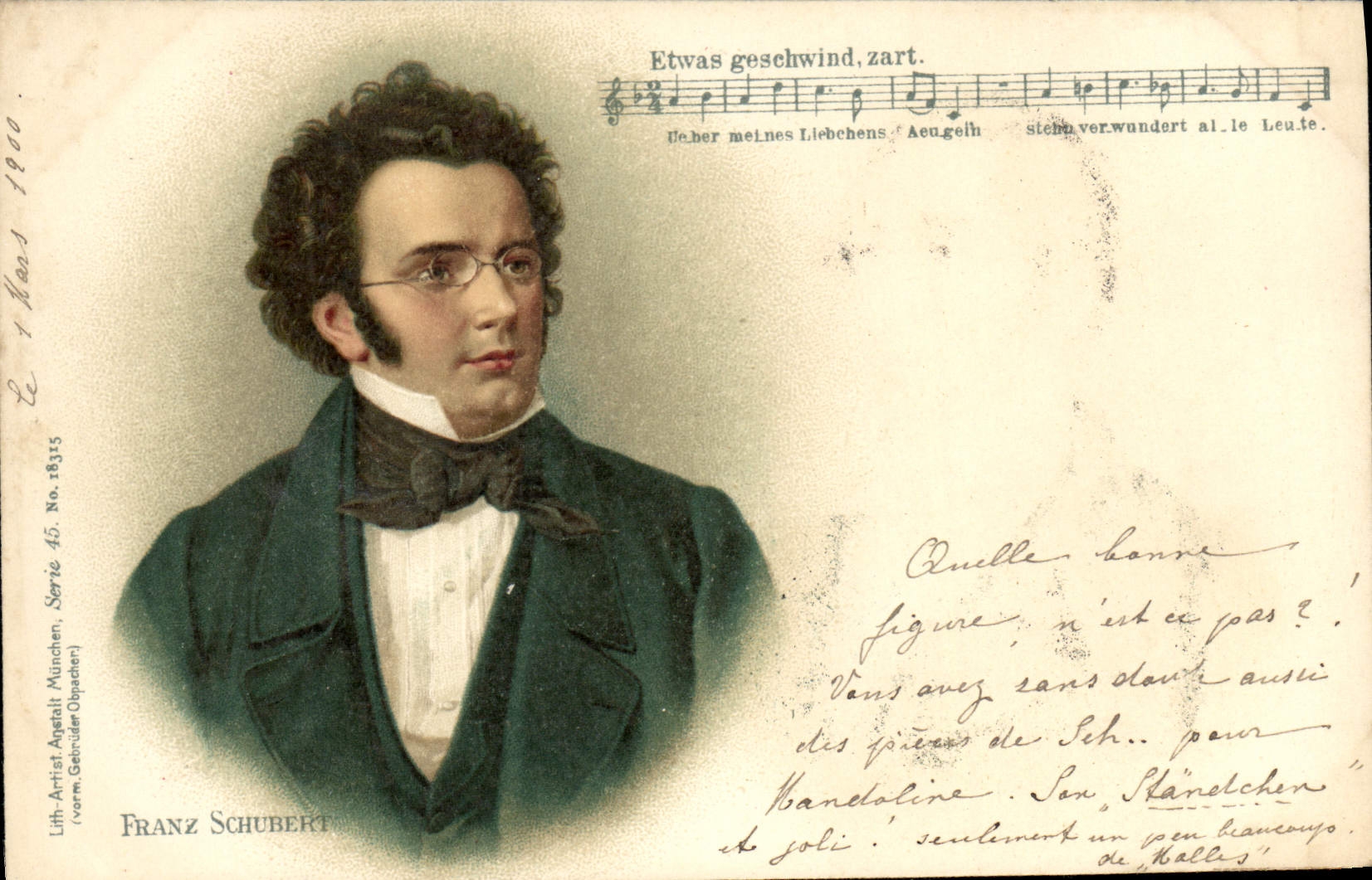 Franz Schubert — Lithographie de l'artiste Agostli, série 45, n° 1835 — München