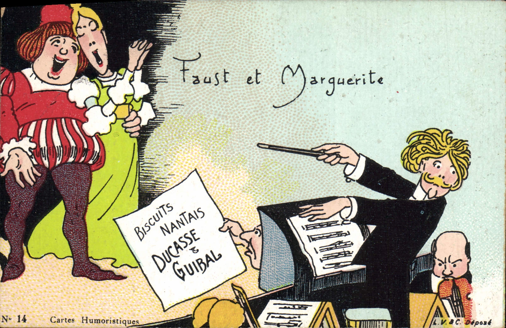 Faust et Marguerite — scène humoristique — L.V.C. Déposé, N° 14 Cartes Humoristiques