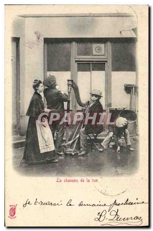 La chanson de la rue — scène de rue avec musicien à la harpe — éditeur L. Dumesnil