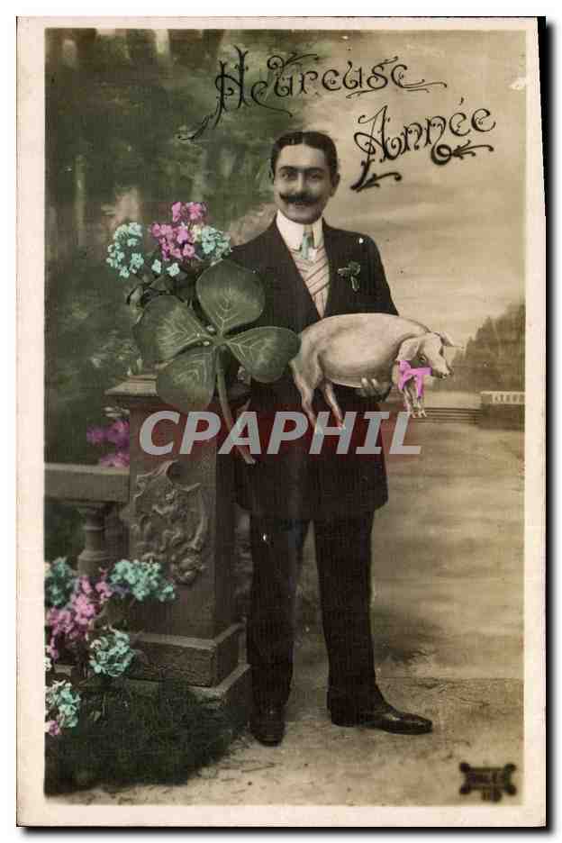 CPA Cochon Porc Homme Trefle 