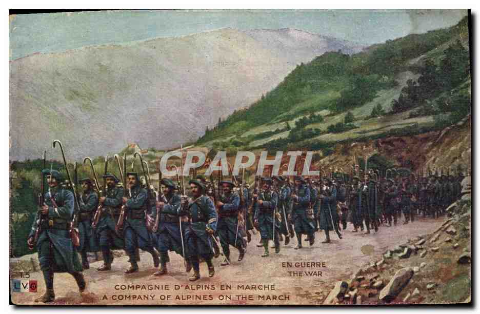 CPA Militaria Chasseurs alpins Compagnie d'alpins en marche