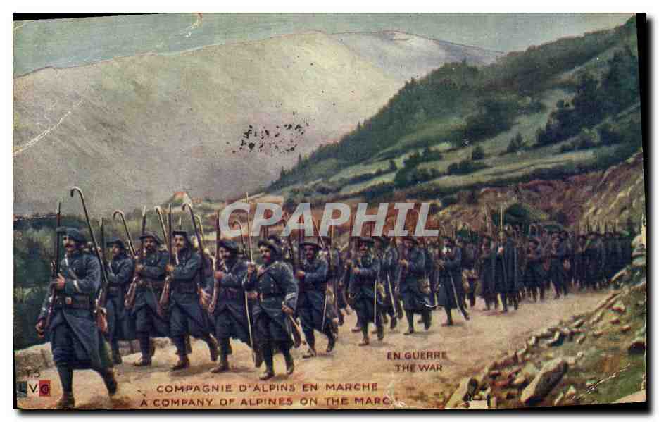 CPA Militaria Chasseurs alpins Compagnie d'alpins en marche