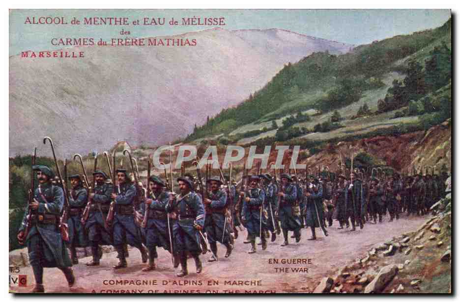 Compagnie d'Alpins en marche — publicité pour l'alcool de menthe et eau de mélisse des Frères Mathias, Marseille