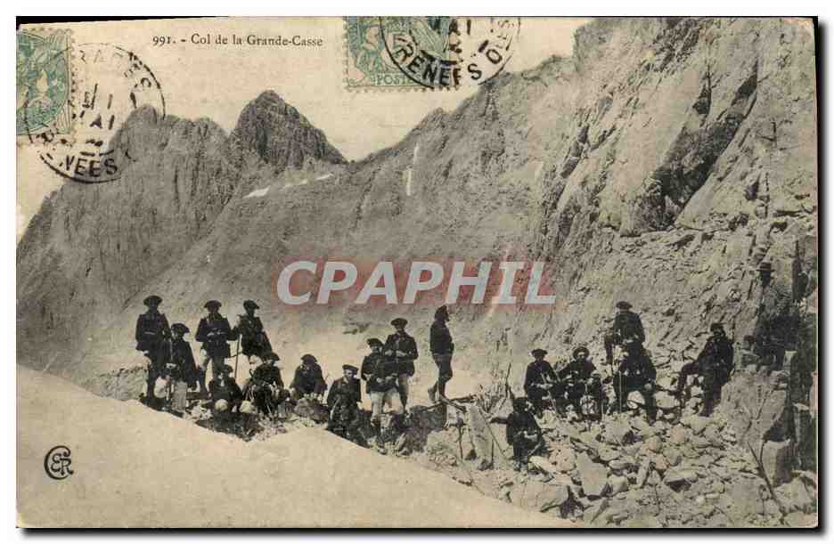 Col de la Grande-Casse — vue de montagne avec groupes de soldats — éditeur CER, n° 991