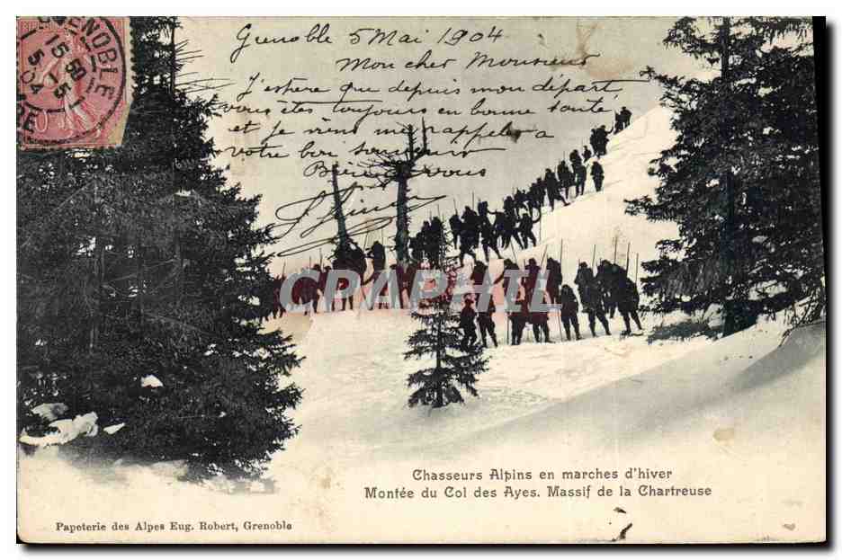 Chasseurs Alpins en marches d'hiver — Montée du Col des Ayes, Massif de la Chartreuse — Papoterie des Alpes Eug. Robert, Grenoble