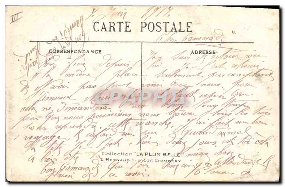 L'Artillerie dans les Alpes — Mise en batterie du 65 de montagne — E. Reynaup, Imp. Edit. Chambéry, n° 3334 — Reverso
