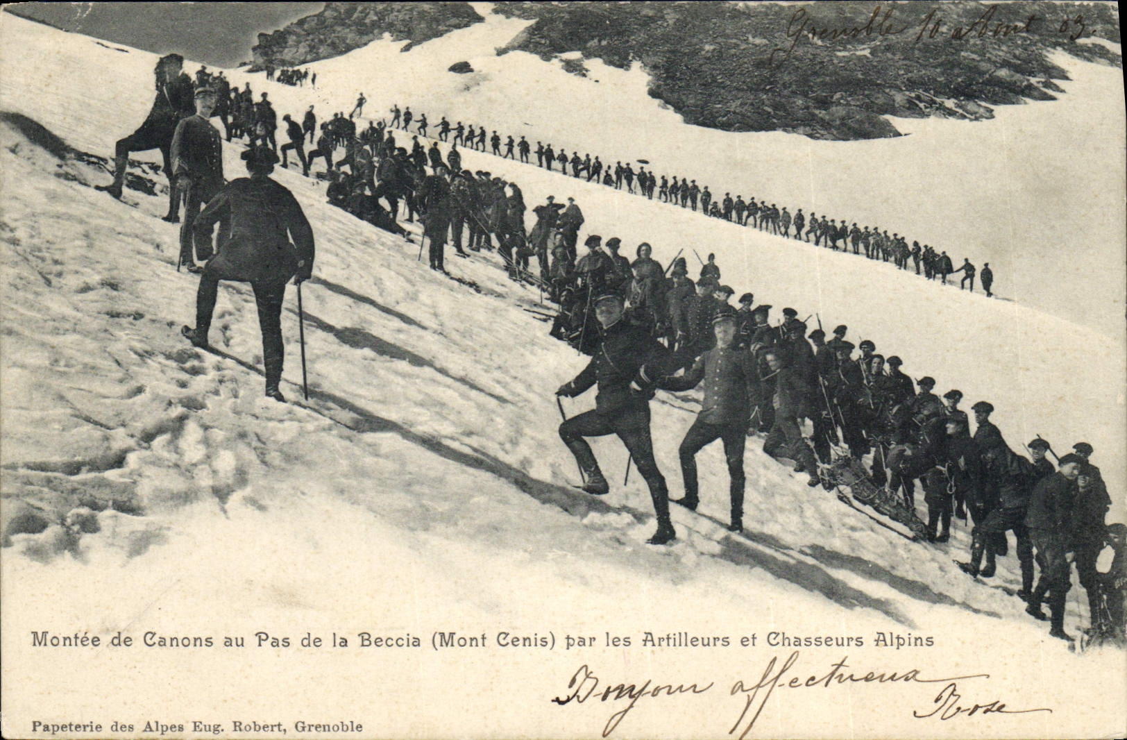 Montée de Canons au Pas de la Beccia (Mont Cenis) par les Artilleurs et Chasseurs Alpins — Papeterie des Alpes Eug. Robert, Grenoble