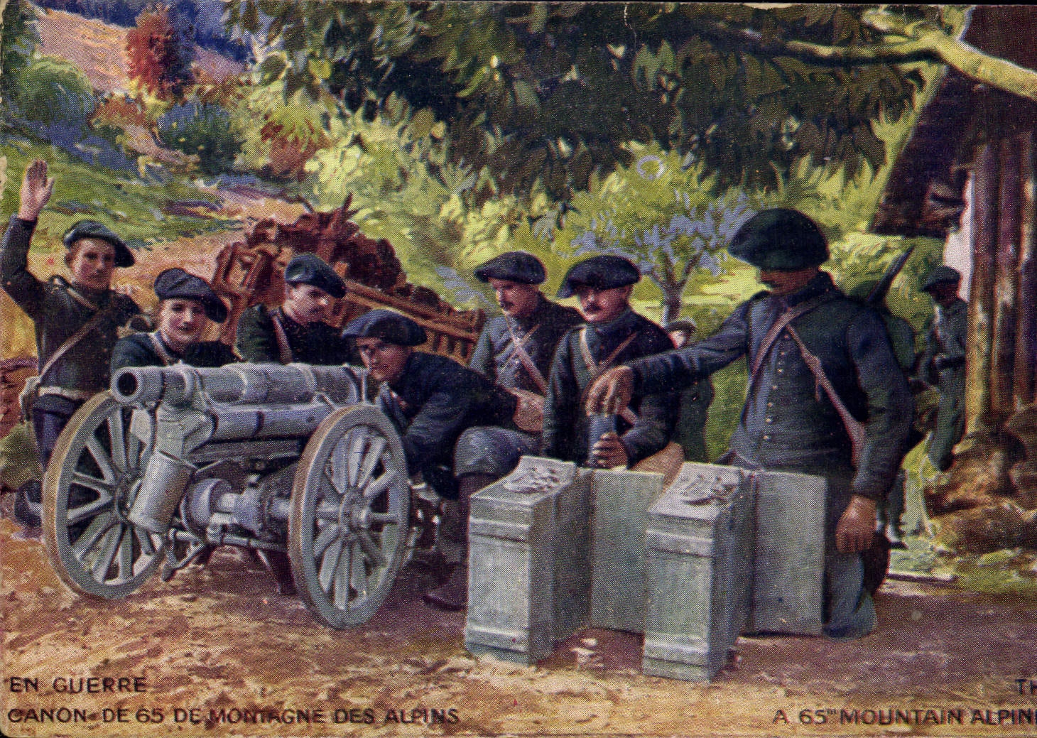 Canon de 65 mm de montagne des Alpins — En guerre — Éditeur Th. (Théophile?) — N° de série non visible