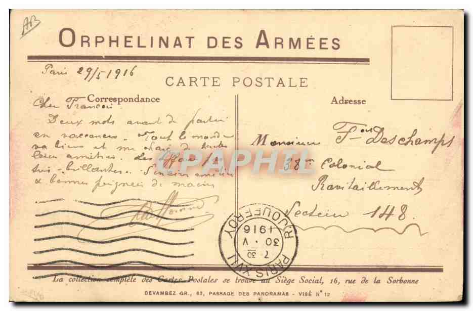 CPA Militaria Orphelinat des armees  — Rückseite