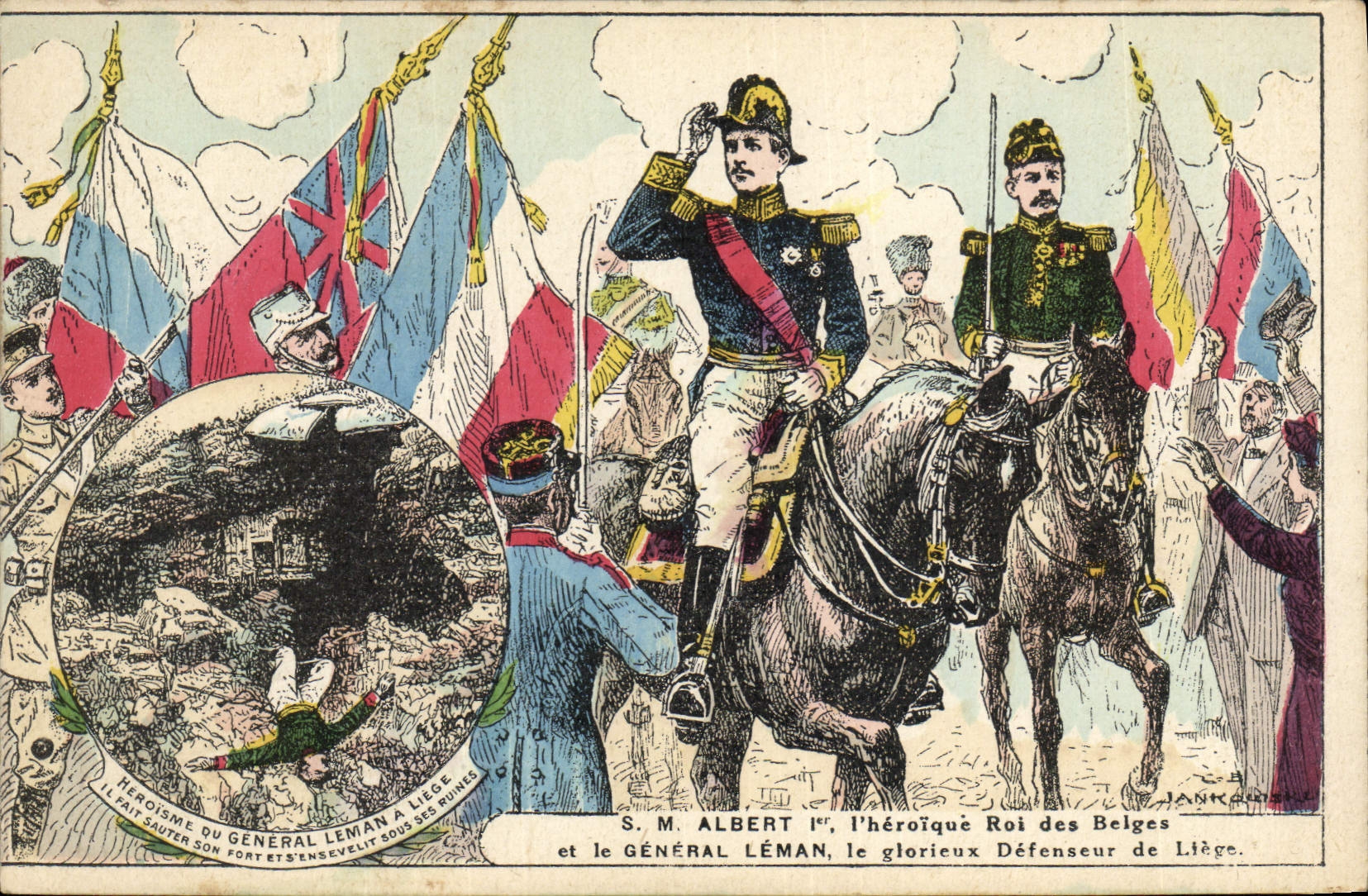 CPA Militaria SM Albert 1er l'heroique roi des Belges et le general Leman 