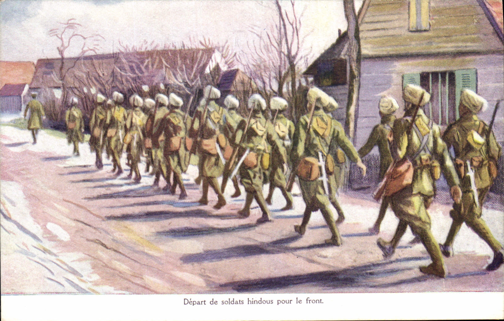 CPA Militaria Depart des soldats hindous pour le front Publicite Morrhuol de Chapoteaut Paris Rue Vivienne 