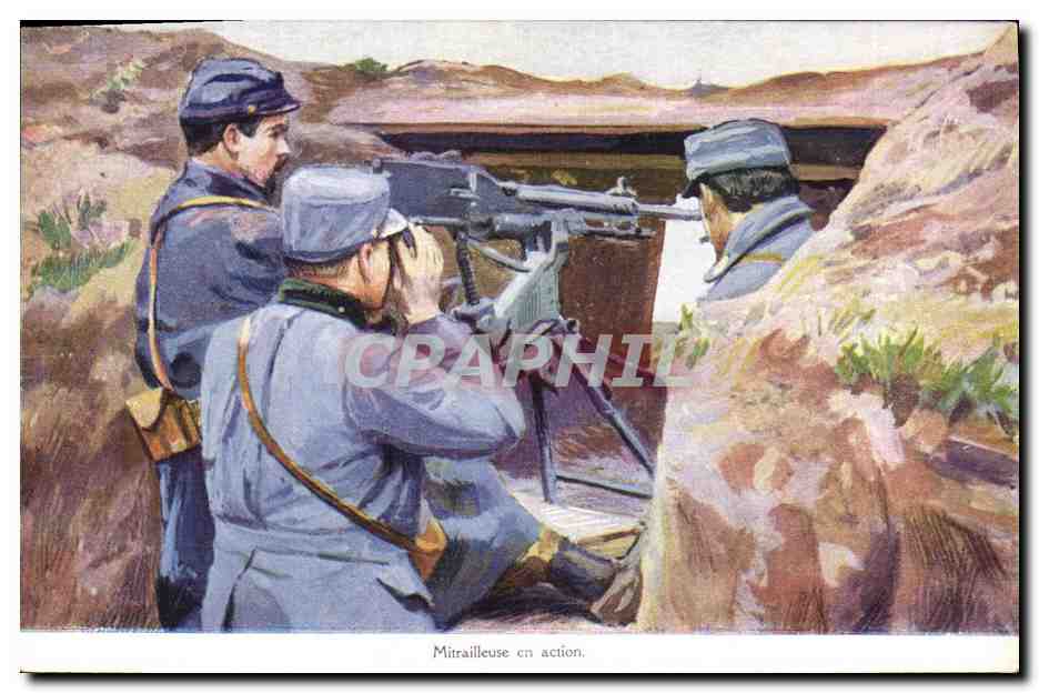 CPA Militaria Mitrailleuse en action Publicite Capsules de Sulfate de Quinine de Chapoteaut Paris Rue Vivienne 