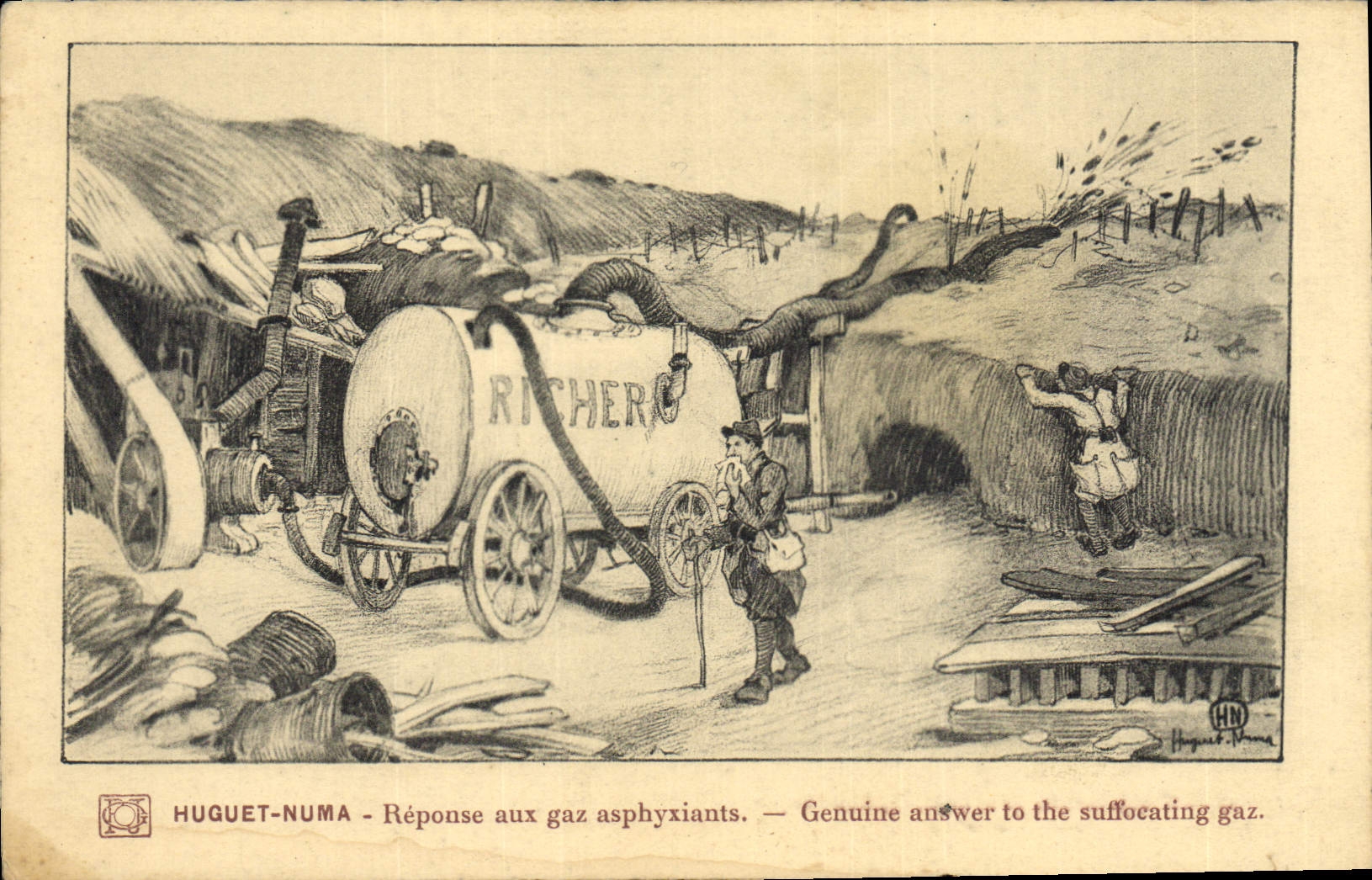 CPA Militaria Huguet Numa Reponse aux gaz asphyxiants 