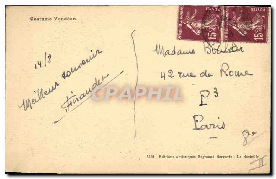 CPA Folklore Costume Vendeen  — Verso