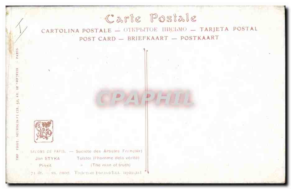 CPA Fantaisie Illustrateur Jean Styka Tolstoi L'homme de la verite — Rückseite
