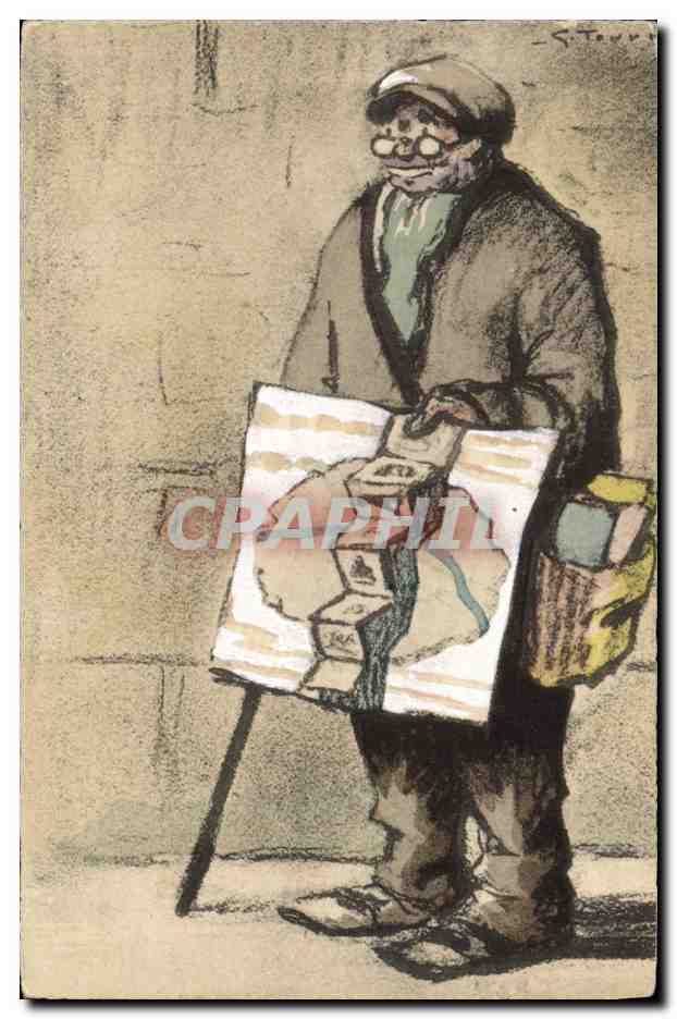 Vendeur de cartes — dessin à l'encre et pastel — signé 'S. Steven'
