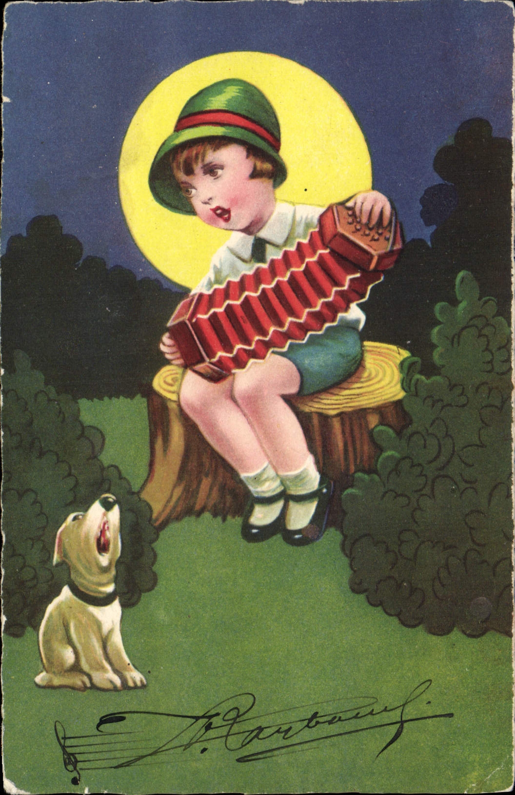 CPA Fantaisie Illustrateur Enfant Accordeon Chien