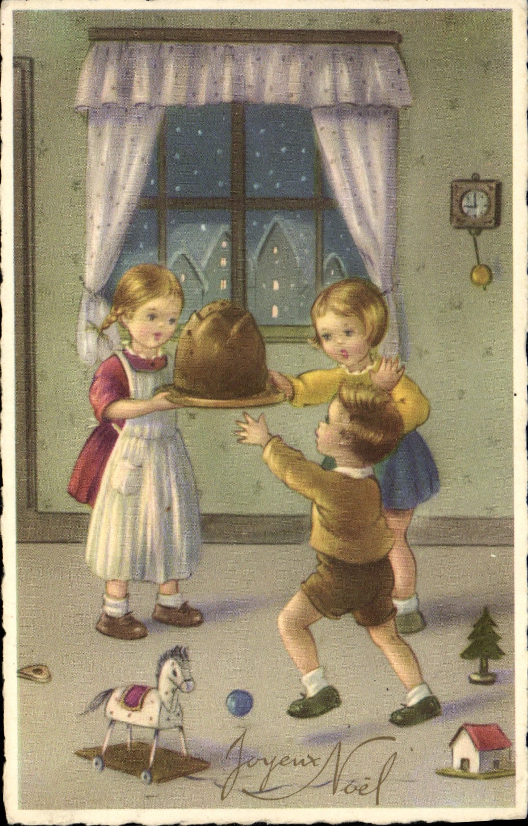 CPA Fantaisie Illustrateur Enfants Joyeux Noel Cheval en bois