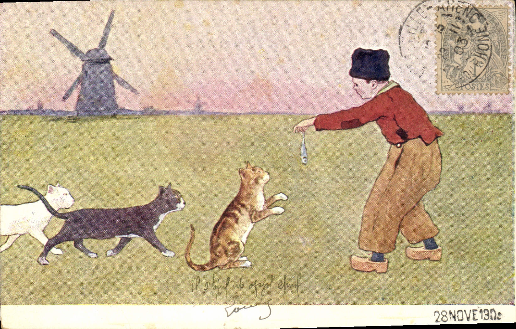 Enfants et chats devant un moulin à vent — éditeur B.K.W. n° 648-6