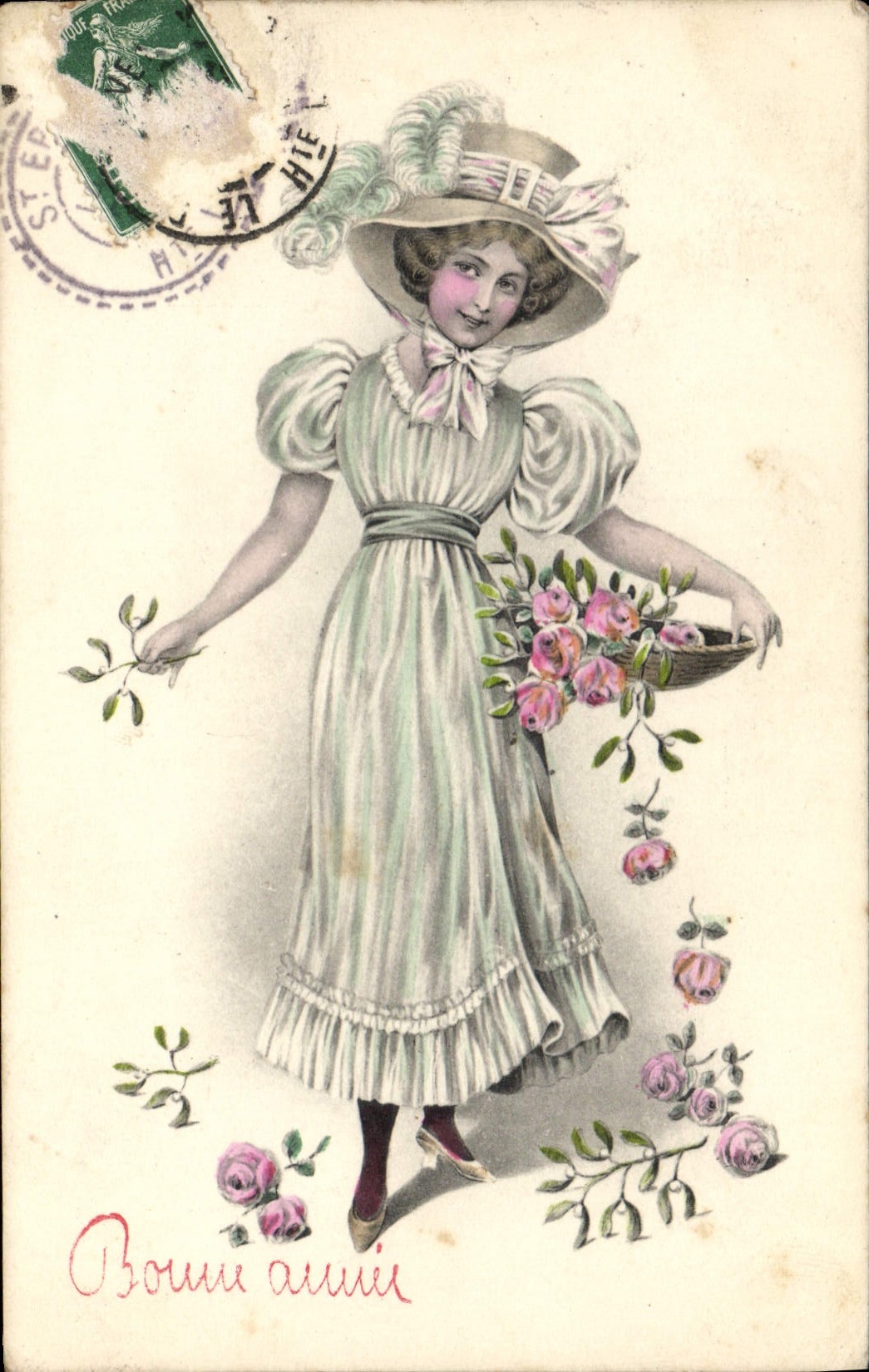 Femme en robe claire tenant un panier de roses — éditeur Steeber, série 502