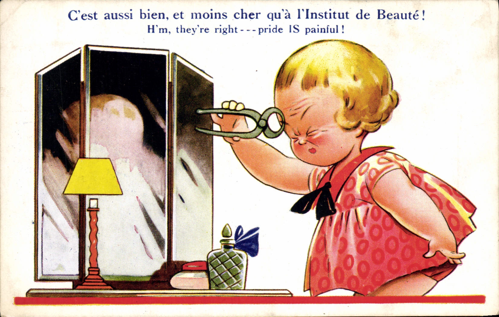 Petite fille devant un miroir — publicité pour un institut de beauté — éditeur 'Imprime En Angleterre' n°405