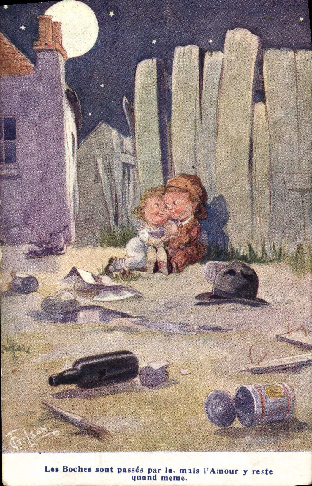 CPA Fantaisie Illustrateur Enfants Les boches sont passes Militaria