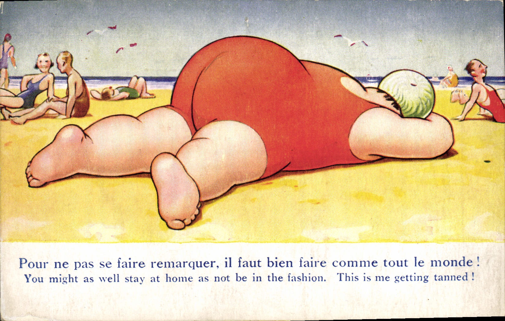 CPA Fantaisie Illustrateur Femme forte a la plage 
