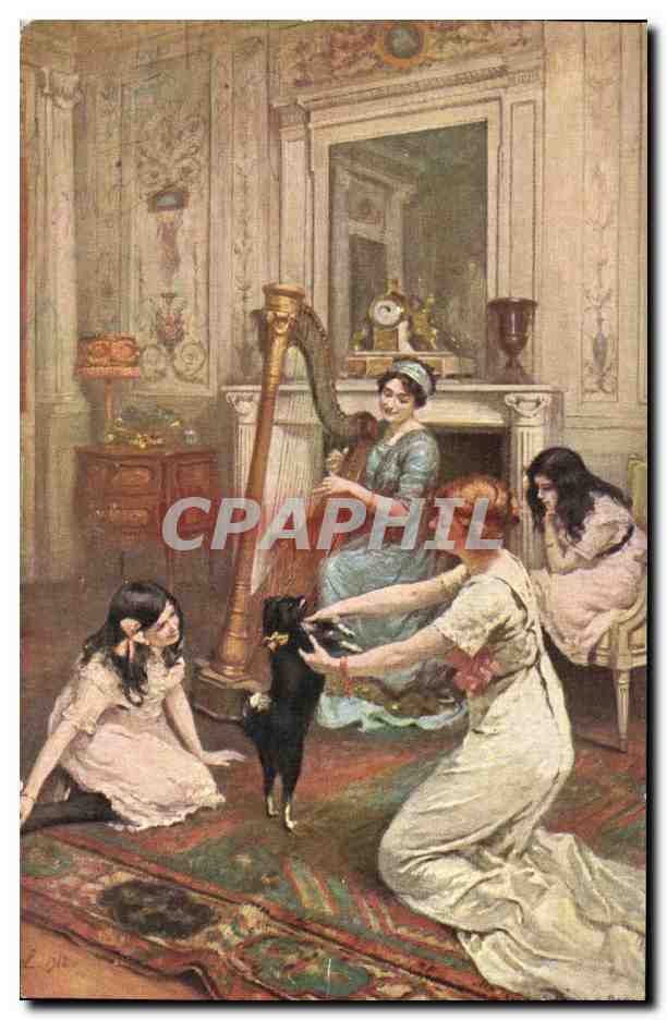 CPA Mlle S Hurel La lecon de danse Harpe Chien 