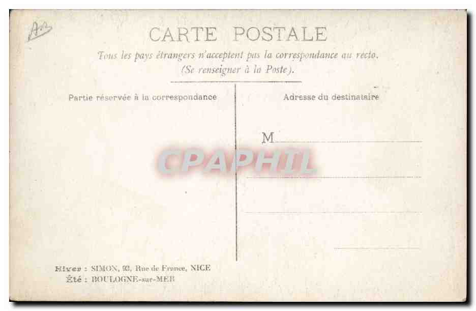 Orchestre de musiciens en tenue de soirée — Été à Boulogne-sur-Mer — Éditeur Simon, Rue de France, Nice — Verso